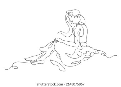 Woman sits the edge cliff Young woman sits alone rock  Romantic anticipation Teenager is sad in loneliness One continuous line drawing Girl and luxurious hair in dress Line Art 