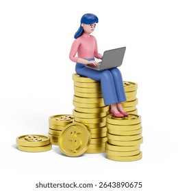 A woman sits on a stack of gold coins while using a laptop, symbolizing wealth creation through technology. 3D rendering, conceptual image. Isolated on white background.
