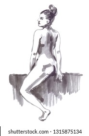 Woman sitting and her back turned  looking over shoulder  Illustration painted in watercolor clean white background