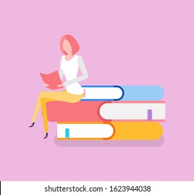 Woman Sitting On Pile Of Books Education Knowledge Receiving Raster. Bookworm With Printed Publications Getting Information From Encyclopedia Reference