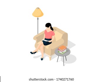 Woman Sitting And Reading A Single Sofa. Isometric Illustration About Leisure Activity And Hobby.