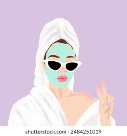 woman, skin care, face mask, cosmetic, beauty, hydration, aesthetics, cool, modern, vintage, retro, glasses, towel, robe, bath, care, rest, relaxation, spa, treatment, health - Powered by Shutterstock