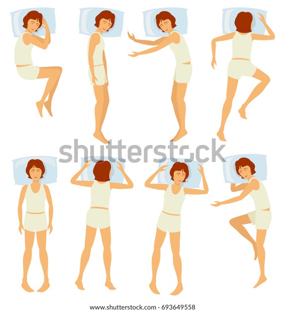 寝室で 女性が寝る姿勢を変えてリラックスさせる セット 寝室でさまざまな姿勢で眠る ベッドで眠る女性のイラトス のイラスト素材