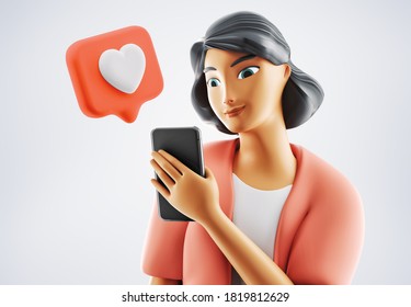 Woman smiling at her phone. Female character holding phone with like popping up on the mobile screen.  Mockup 3d illustration
