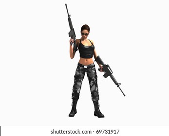 Woman Soldier Holding Two Guns