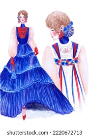 A Woman In A Solemn Dress (stylization Of Russian Folk). Fashion Illustration. Children's Drawing