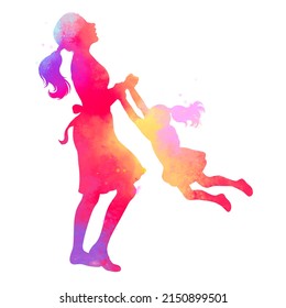 A woman spins her child around while holding her hands in the air silhouette plus abstract watercolor. Happy mother's day with clipping path. Digital art painting - Powered by Shutterstock