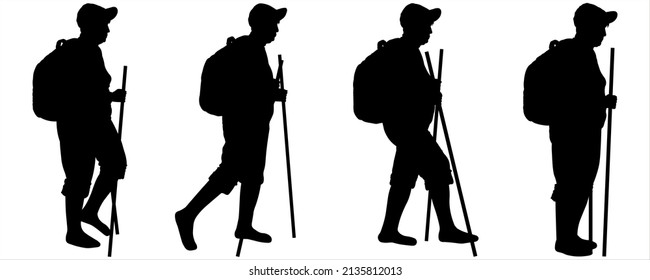 A Woman In A Sports Cap, A Backpack Behind Her Back, Shorts, A Walking Stick In Her Hands. An Older Woman Is Hiking. Hiking. Side View, Profile. Black Female Silhouettes Isolated On White Background.