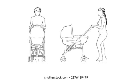 Woman Standing With A Baby Cart In Side And Front View