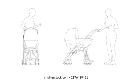 Woman Standing With A Baby Cart In Side And Front View