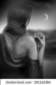 Woman Standing With Her Back In An Evening Dress Holding Glass Of Wine. Night Sky With New Moon And Seashore On The Background. Fantasy Scene Illustration. Black And White Picture.