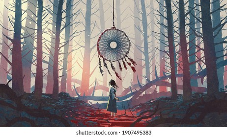femme debout et regardant l'attrapeur de rêve suspendu aux arbres dans la mystérieuse forêt, style art numérique, illustration