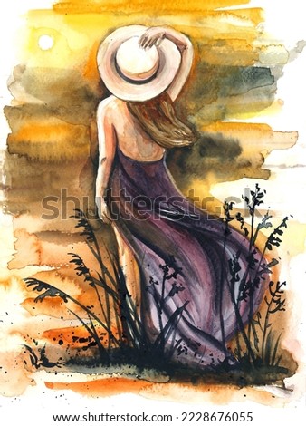 Woman standing in the meadow in sunset lights. Hand Drawn watercolor painting of girl figure