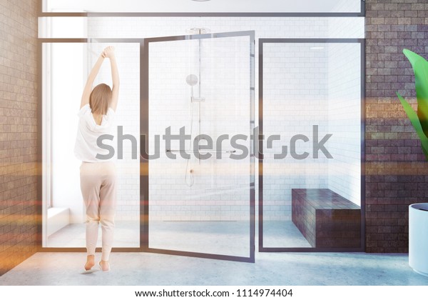 Woman Standing Near Modern Shower Stall Stock Illustration 1114974404