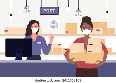 Woman standing on reception of post office to receive or send pack of parcels illustration. Cartoon female postal worker and customer wear medical face masks background. Safe delivery. 3D Illustration - Powered by Shutterstock