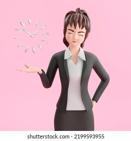  Woman Standing, Smiling, Pointing To Timer. Time Set, Timing, Self Organization, Day Planning, Time Management Concept. 3d People Character Illustration.