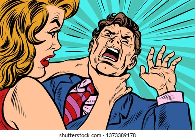 woman strangling man  Female power  Pop art retro  illustration cartoon comics kitsch drawing