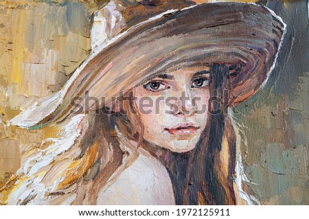 A woman in a straw hat sits in the sunset. Girl in nature. Oil painting on canvas.