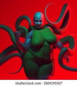 Woman Strong Body Positivity Large Superhero Villain Red Blue Muscular Green Cyber Punk Neon 3d Illustration Render