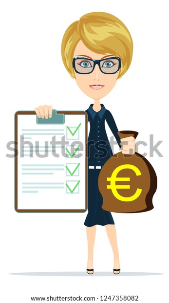 Woman in suit, manager or agent shows\
a document, insurance and money.  flat,\
illustration
