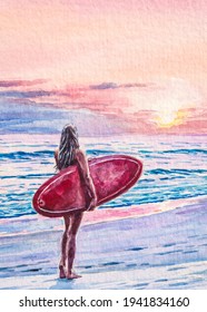 Woman With Surfboard. Young Girl And Surfing Board. Spring Or Summer Vacations. Ocean Beach. Beautiful Sunset. Watercolor Painting. Acrylic Drawing Art.