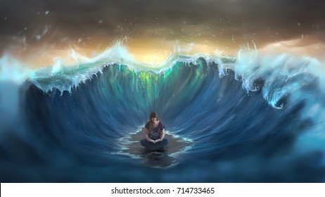 A woman is surrounded by ocean waves as she quietly reads. Digital 3D illustration - Powered by Shutterstock