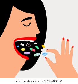 Woman swallow pills. Female head and face with medicines drugs, people overdose, girl taking pill tablets addiction illustration
