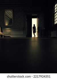 Woman In Sweatshirt Dress Walks Through Open Door Out Of A Classic Room At Night. 3D Render.