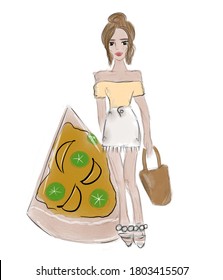 Woman With A Sweet Pizza Float. Young Girl With A Hair Bun Holding A Straw Bag And Wearing A Beach Outfit. Summer Beauty And Style Concept.