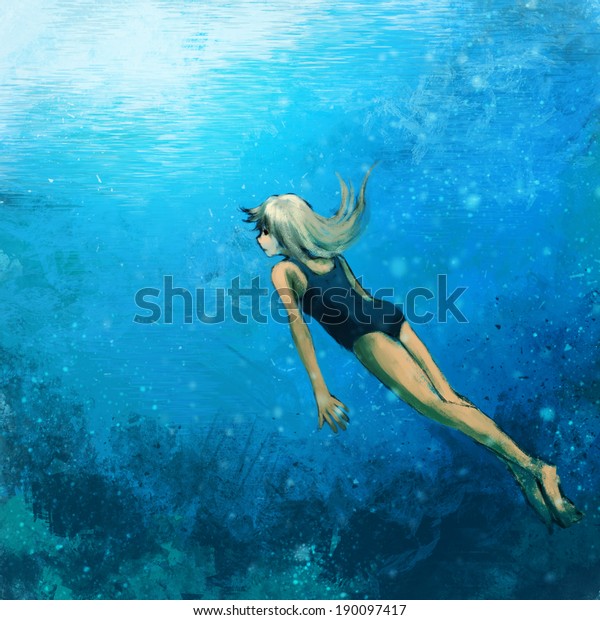 水中で泳ぐ女性 粗い絵のイラスト のイラスト素材