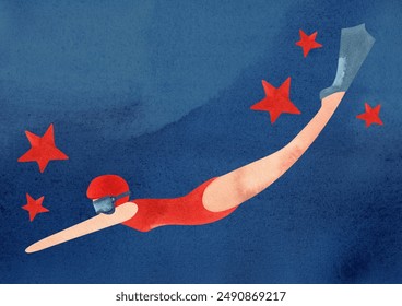 A woman swims underwater in fins and a mask. Watercolor isolated illustration for the design of diplomas and sports certificates, advertising of swimming pools, competitions and resorts - Powered by Shutterstock