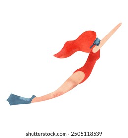 A woman swims underwater in fins and a mask. Watercolor isolated illustration for the design of diplomas and sports certificates, advertising of swimming pools, competitions and resorts. - Powered by Shutterstock