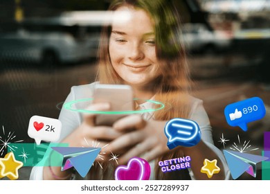 Woman texting on smartphone. Colorful mixed media with internet and social media concept. Woman using social media on smartphone. Young woman connecting through social media and internet. - Powered by Shutterstock