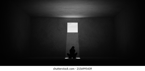 Woman Trapped Domestic Violence Relationship Nightmare Concept Abuse Depression Sitting Alone In A Room With A Small Square Window Black And White Low Key Mental Health 3d Illustration Render