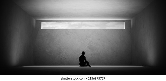 Woman Trapped Domestic Violence Relationship Nightmare Concept Abuse Depression Sitting Alone In A Room With A Small Long Narrow Window Black And White Low Key Mental Health 3d Illustration Render