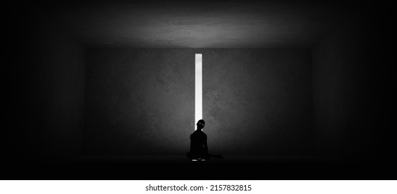 Woman Trapped Domestic Violence Relationship Nightmare Concept Abuse Depression Sitting Alone In A Room With A Thin Window Black And White Low Key Mental Health 3d Illustration Render