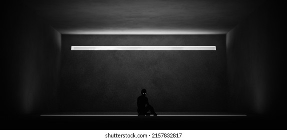 Woman Trapped Domestic Violence Relationship Nightmare Concept Abuse Depression Sitting Alone In A Room With A Long Thin Window Black And White Low Key Mental Health 3d Illustration Render