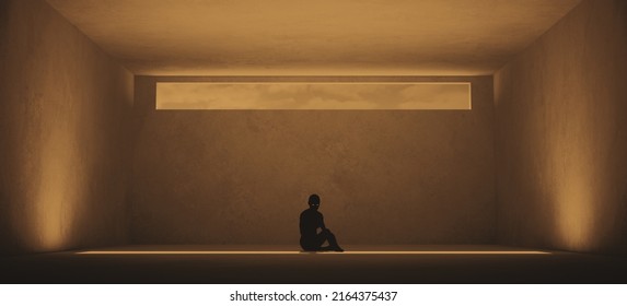 Woman Trapped Domestic Violence Relationship Nightmare Concept Abuse Depression Sitting Alone In A Room With A Small Long Narrow Window Sandy Dusty Tan Low Key Mental Health 3d Illustration Render