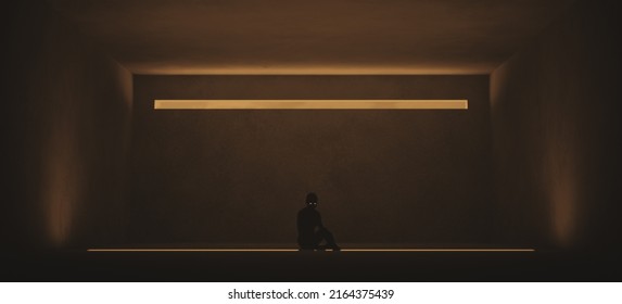 Woman Trapped Domestic Violence Relationship Nightmare Concept Abuse Depression Sitting Alone In A Room With A Long Thin Window Sandy Dusty Tan Low Key Mental Health 3d Illustration Render