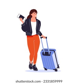 Woman traveling Icon. Characters Planning Trip and Choosing Destination, Preparing Travel Visa and Passport, Booking Flight and Hotels. Vacation and Tourism Concept. Flat Cartoon Illustration - Powered by Shutterstock