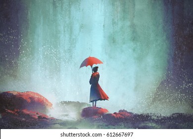 woman with an umbrella standing against waterfall, illustration painting - Powered by Shutterstock