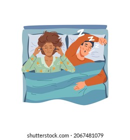 Woman using ear plugs to fall asleep, wife laying by snoring husband. Female personage with sensitive sleep. Insomnia problems and solutions of issues. Cartoon character in flat style - Powered by Shutterstock