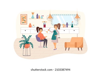 Woman visiting Beauty Salon scene. Beautician applying makeup on female client. Cosmetology procedures, face and hair care service concept. Illustration of people characters in flat design - Powered by Shutterstock