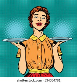 Woman waiter with two trays. Pop art retro , realistic hand drawn illustration. The choice of dishes