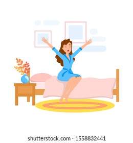 Woman Wake Up In The Morning. Girl Stretching And Sitting On The Bed. Morning Routine. Isolated  Illustration In Cartoon Style.