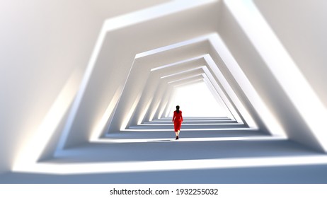 Woman walking in an architectural tunnel. 3D Rendering. The woman is a 3D object.