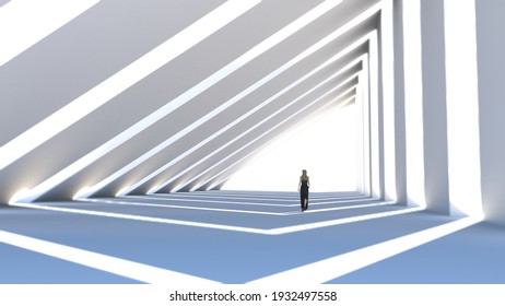 Woman walking in an architectural tunnel towards the light. 3D Rendering. The woman is a 3D object.