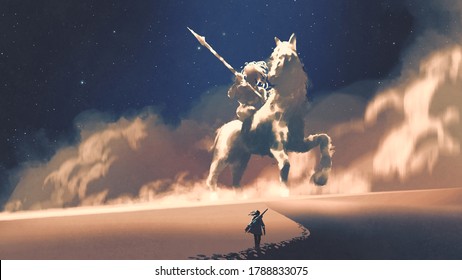 a woman walking on a desert to the giant horseman-shaped storm, digital art style, illustration painting - Powered by Shutterstock