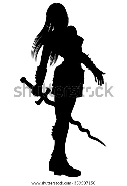 炎の剣シルエットを持つ女性戦士 波型の剣を持つイラストファンタジーの女性 のイラスト素材