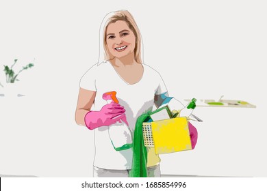 Woman washing and cleaning. Household illustration. - Powered by Shutterstock